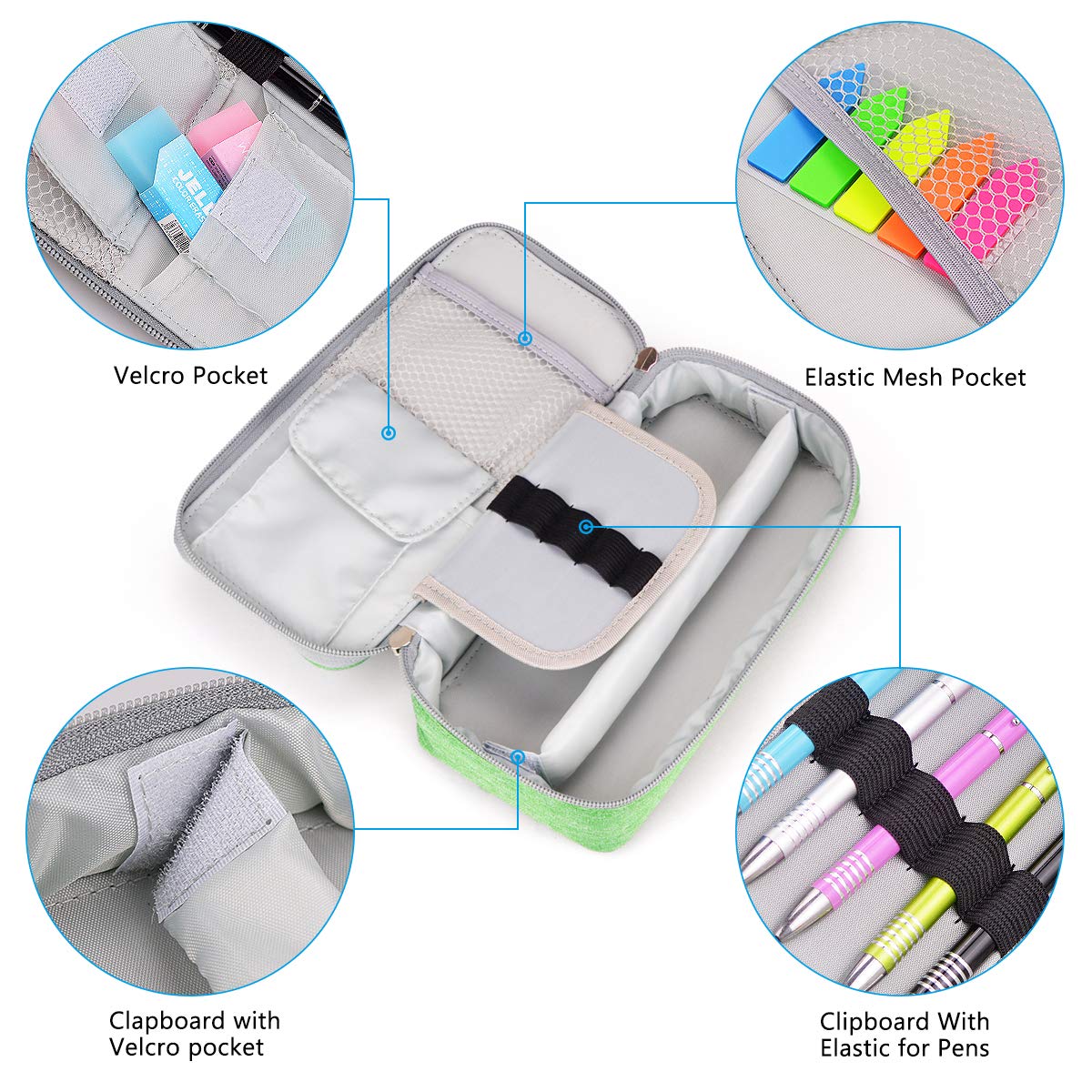 Pen Case,Big Capacity Abrzon Pencil Case Bag with Double Zippers,Middle High School & Office Supplies Adult Large Storage 8.74x4.3x2.17 inches (Green)