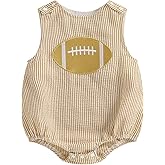 Fuethsuy Newborn Baby Boy Girl Fall Clothes Football Embroidery Romper Striped Sleeveless Smocked Bodysuit Overalls Outfit