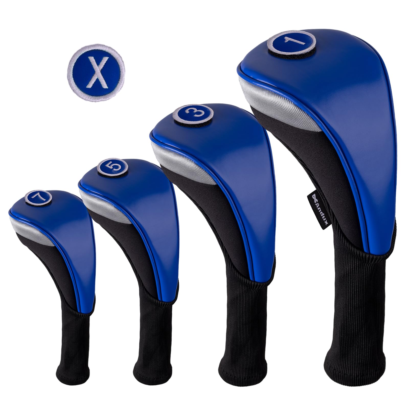 Andux 4pcs/Set PU Golf Wood Club Head Covers 460cc Driver with Long Neck Blue