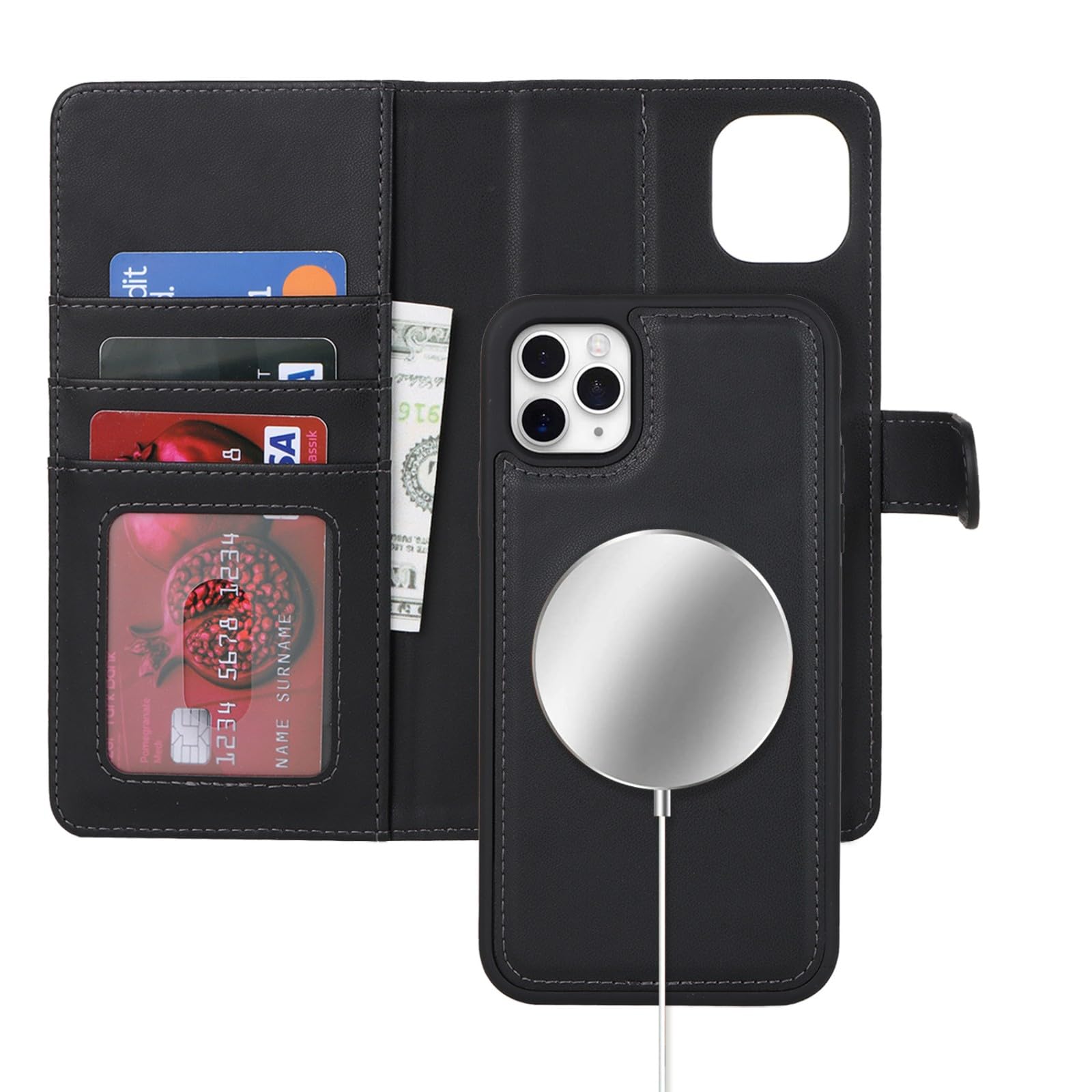 Zouzt for iPhone 11 Pro Max 6.5 Inch Detachable Wallet Case with Card Holder for MagSafe, Premium PU Leather 2 in 1 Flip Folio Book Magnetic Stand Protective Phone Cover - Black — image 1
