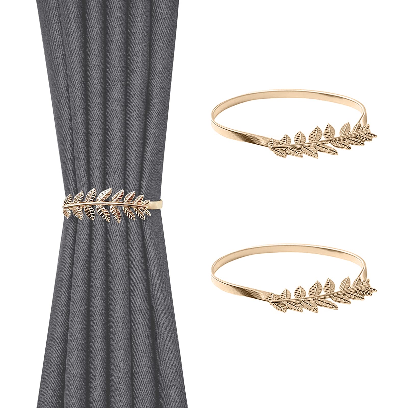 2 Pack Curtain Tie Backs, Gold Leaves Curtain Tiebacks Adjustable Curtain Holdbacks Modern Simple Style Drape Tie Backs, Metal Curtain Buckle Clips for Home Hotel Office Window Drapery Decoration