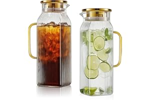 2 Pack 2 Liters/68 oz Square Glass Pitcher with Lid and Handle, Water Pitchers with Handle for Fridge, Borosilicate Glass Car
