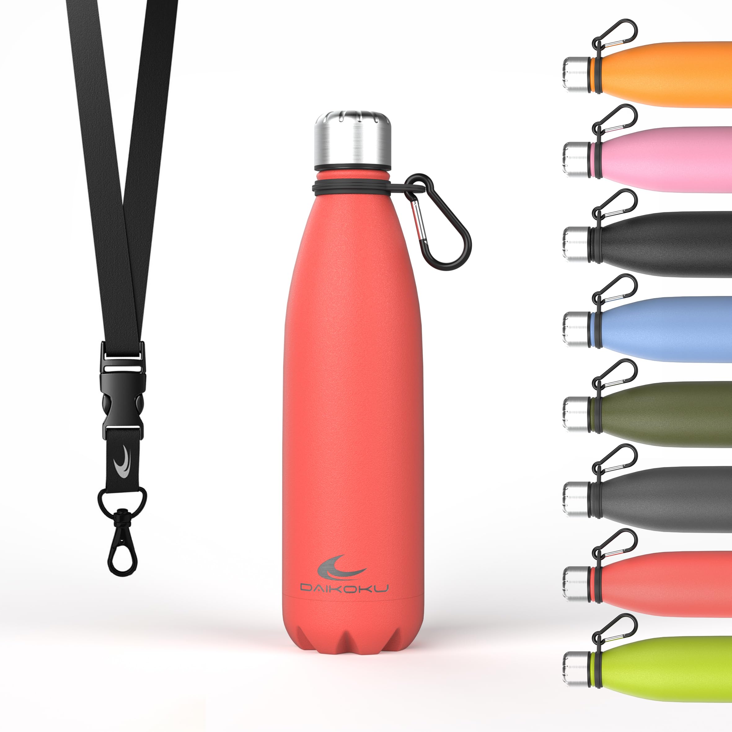 Daikoku Stainless Steel Bottle + Adjustable Strap + Carabiner, BPA Free Double Walled Thermos, Reusable Water Bottle, Airtight Cap, Colour Coral, Capacity 500 ML