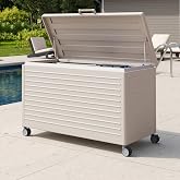 MIRADOR 134 Gallon Outdoor Storage Box with Wheels &amp; Soft-Close Lid, Waterproof Metal Deck Box for Patio Cushions, Garden Tools &amp; Pool Accessories, Latte