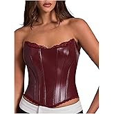 Floerns Women's Rave Vintage Leather Corset Top Lace Trim Strapless Date Night Party Tube Tops