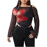 Verdusa Women's Y2k Off The Shoulder Tops Mesh Long Sleeve Crop Tops 2000s Clothing