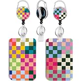 2 Pack Colorful Checkered ID Badge Holder with Clip Badge Reels | Retractable Heavy Duty,Keychain，ID Holder for School Nurse Office