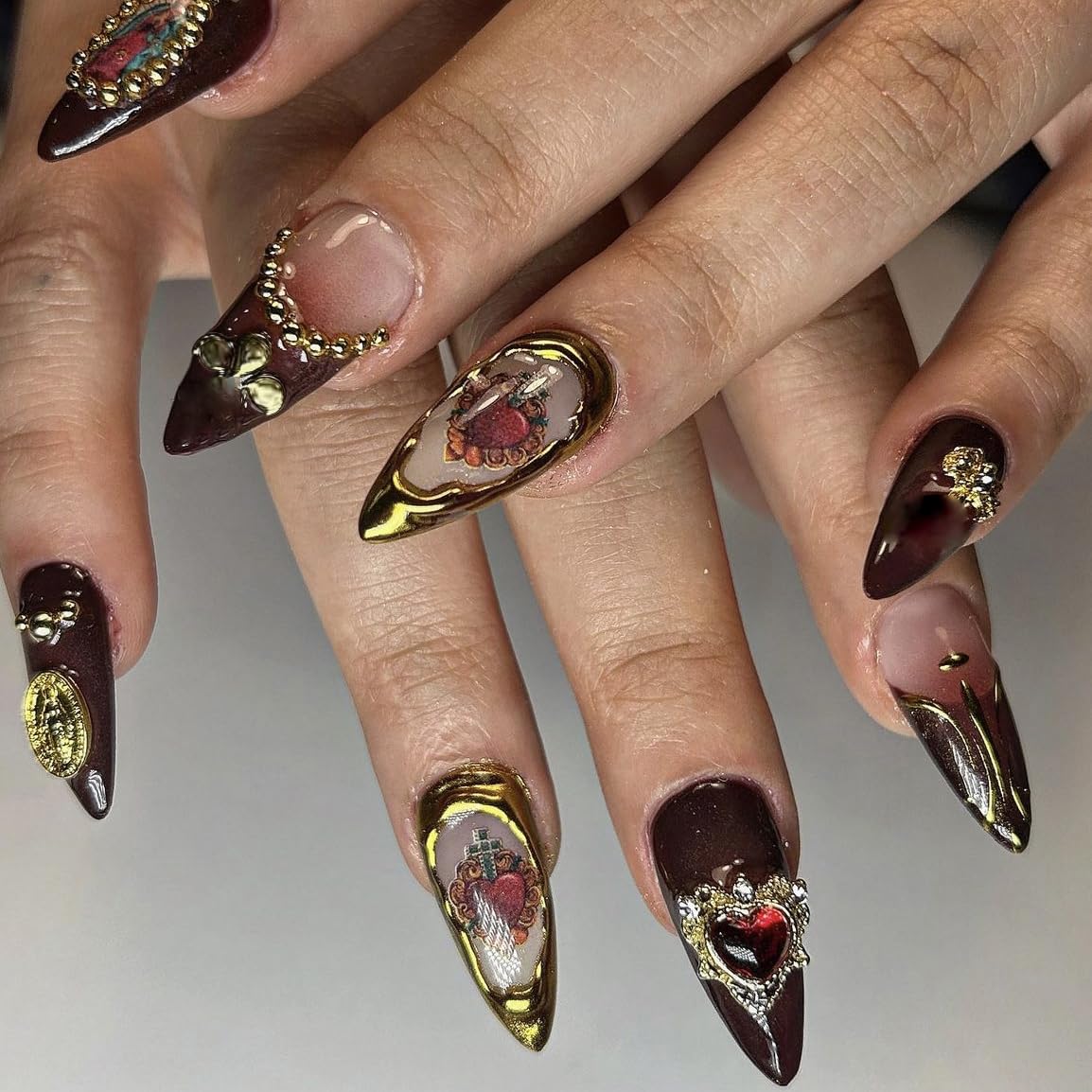BABALAL Almond Press on Nails Medium Fake Nails Brown Fall Glue on Nails Golden Chrome Baroque Art Acrylic Nails 3d Heart Charm Metallic Ball Design Stiletto Manicure Stick on False Nails - Image 3
