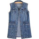 HALITOSS Women Button Down Mid Long Denim Jean Vest Waistcoat Sleeveless Jacket