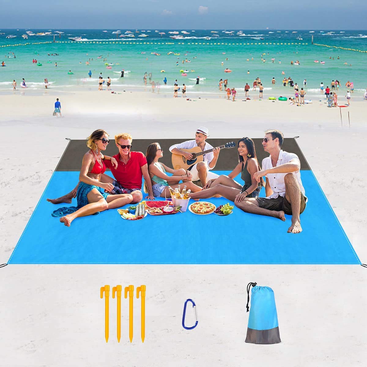 Beach Blanket, Oversized Beach Mat, Soft Lightweight Pocket Blanket, Waterproof Outdoor Picnic Mat 79" X 85" with 4 Plastic Stakes, Portable Bag for Beach, Camping, Hiking, Music Festival(Gray&Blue)