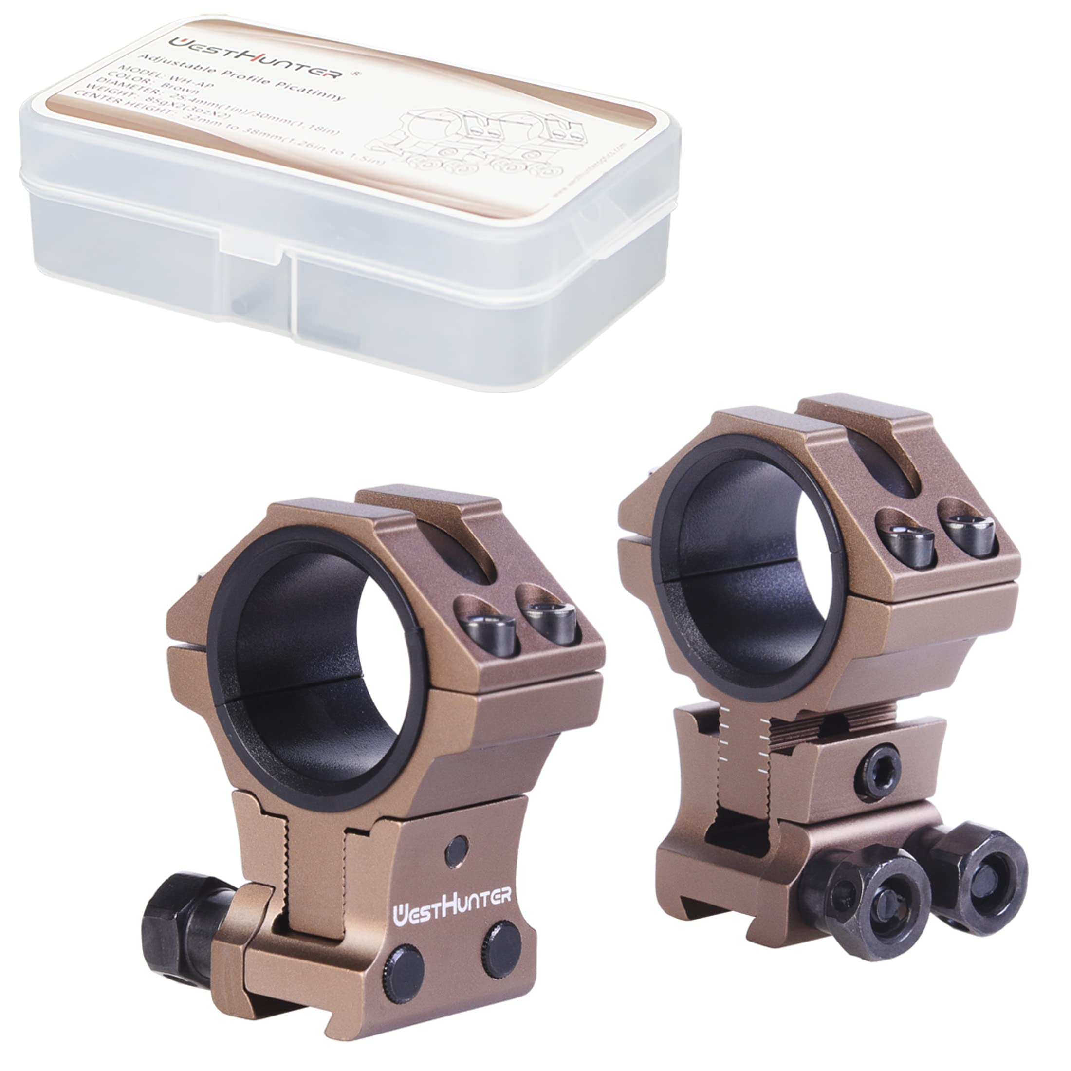 WestHunter Optics Adjustable Height Dovetail Scope Rings, 1 Inch 30 mm Precision Scope Mount | Brown