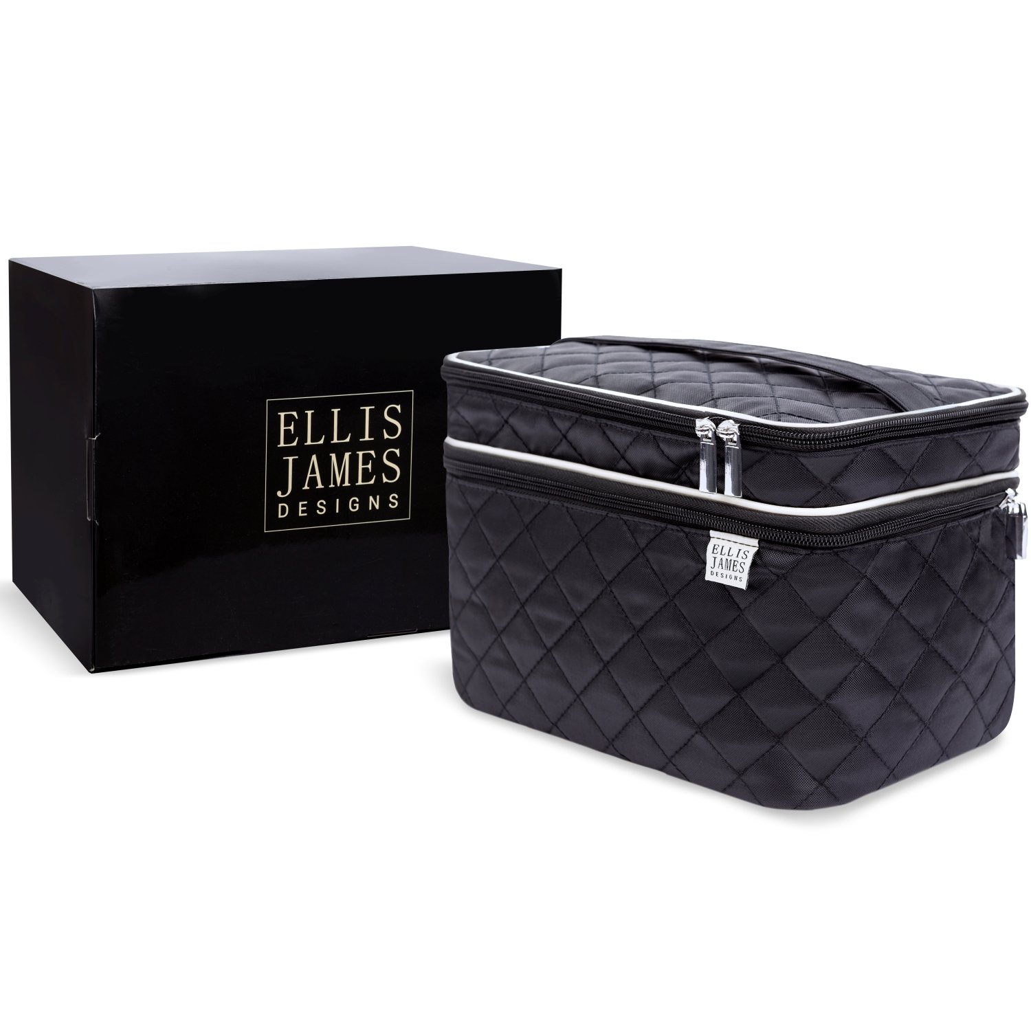 Ellis James Designs Large Travel Makeup Bag for Women - Black Make Up Bag for Women - Travel Cosmetic Bag - Makeup Case Gifts for Women, Makeup Organizer Bag, Travel Toiletry Bag for Women : Beauty
