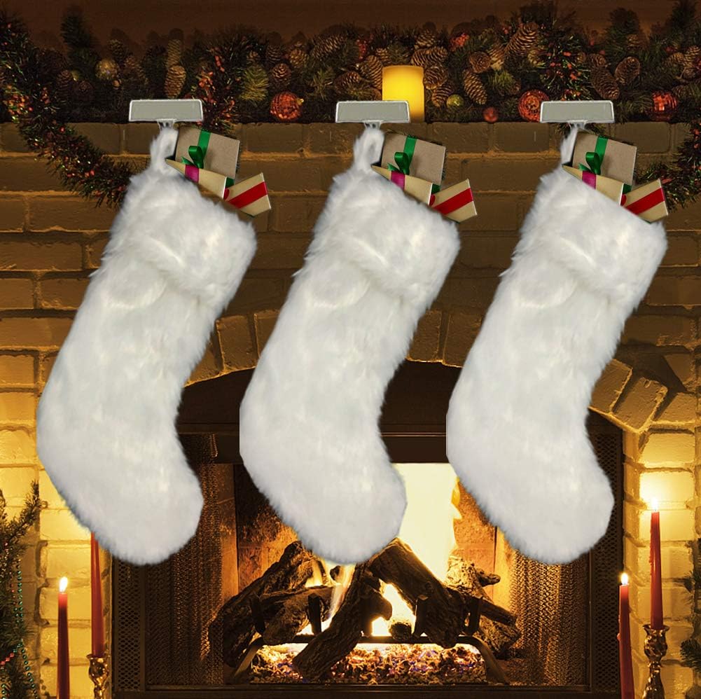 Stockings & Holders - AOGU 3 Pack 18 Inch Snowy White Christmas Stockings Faux Fur Xmas Christmas Stockings Hanging Ornaments Candy Gift Bags for Christmas Decorations
