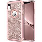 Hython Compatible with iPhone XR Case, Heavy Duty Full-Body Defender Protective Bling Glitter Sparkle Hard Shell Armor Hybrid Shockproof Silicone Rubber Bumper Cover for 6.1-Inch, Rose Gold