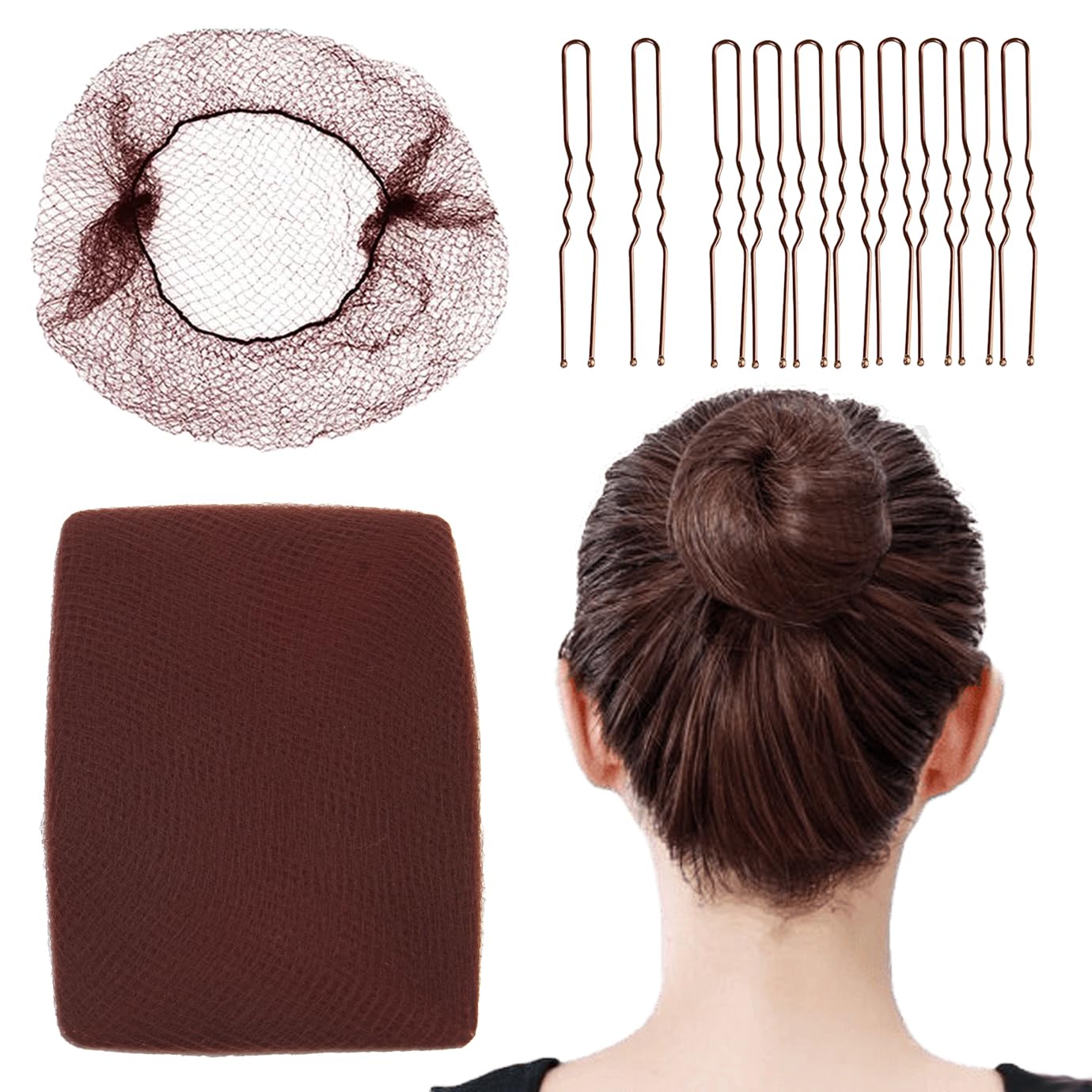 Photo 1 of 100Pcs Hair Net and Pin Set - 50Pcs 20" Invisible Mesh Hair Nets and 50Pcs U Shaped Bobby Pins for Dance, Food Service, Styling (Brown)