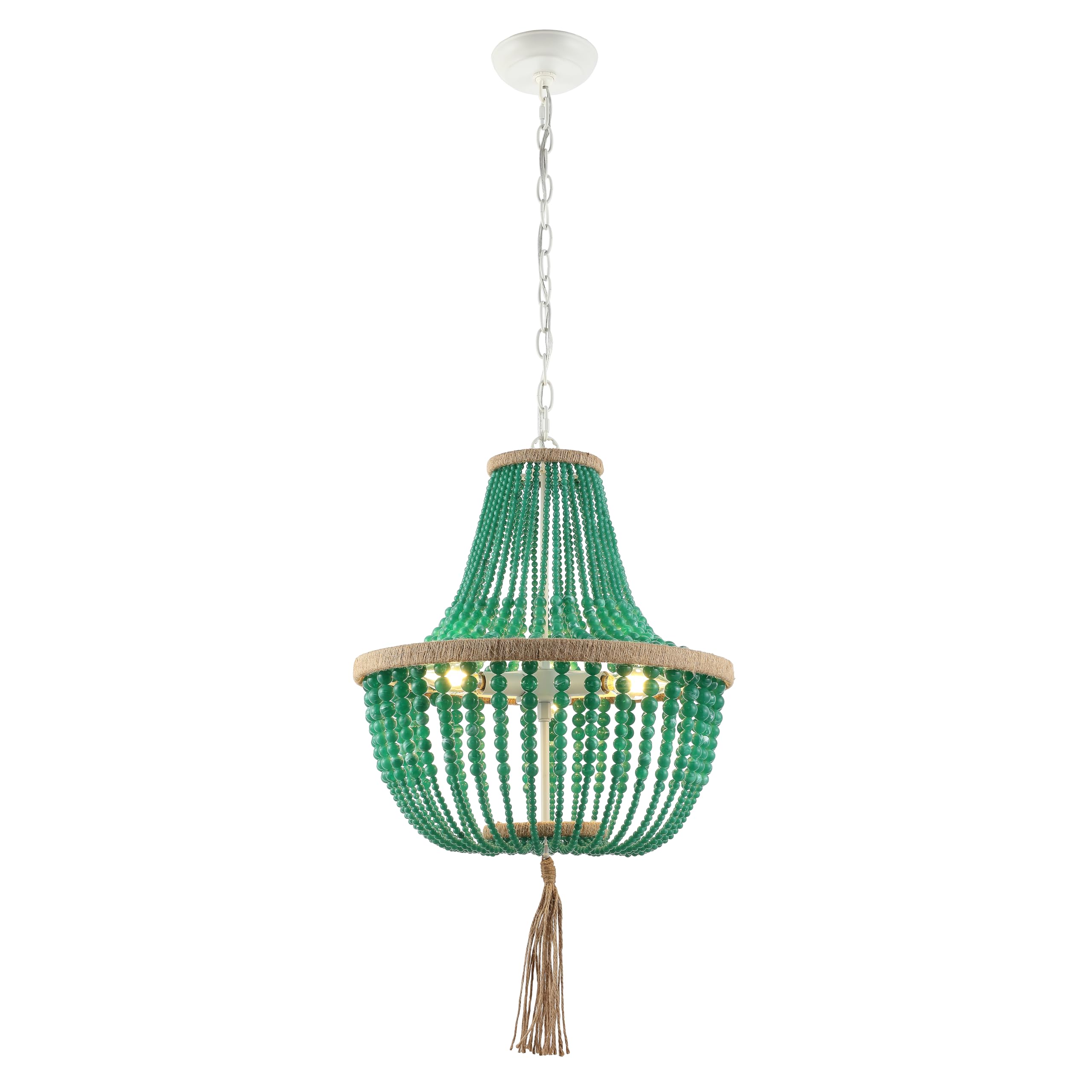 SAFAVIEH Lighting Collection Lush Kristi Boho Farmhouse Emerald Green 17-inch Diameter 3-light Beaded Adjustable Hanging Pendant Light Fixture with Tassel (LED Bulbs Included) Image SAFAVIEH Lighting Collection Lush Kristi Boho Farmhouse Emerald Green 17-inch Diameter 3-light Beaded Adjustable Hanging Pendant Light Fixture with Tassel (LED Bulbs Included) Image