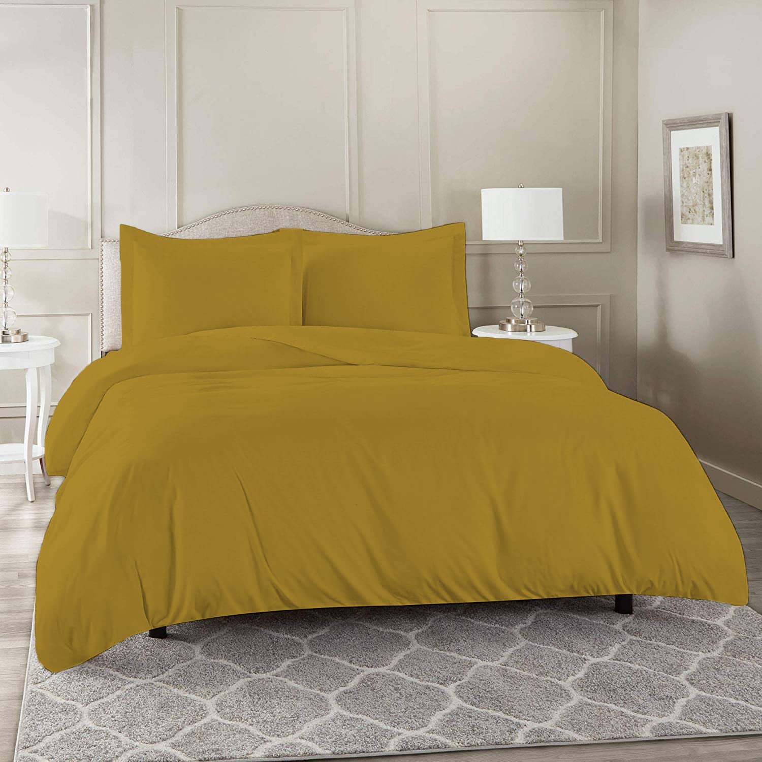 Laam linen Luxury Plain Dyed Duvet Cover With Pillowcase Cover 100% Poly Cotton Easy Care UK Size Bedroom Bedding Set (Mustard, Double)