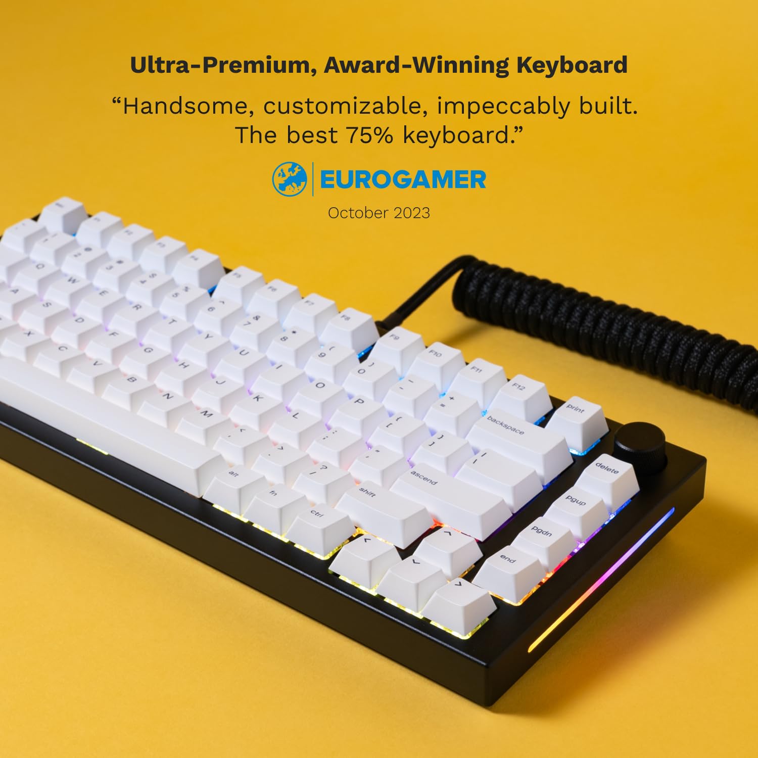 Glorious Gaming GMMK PRO 75% - Modular Mechanical Gaming Keyboard, TKL Size, 1.5kg Frame, Glorious Fox Switches, Fully Customizable, Coiled Cable, Wrist Rest, White PBT Keycaps, RGB, QWERTY - Black