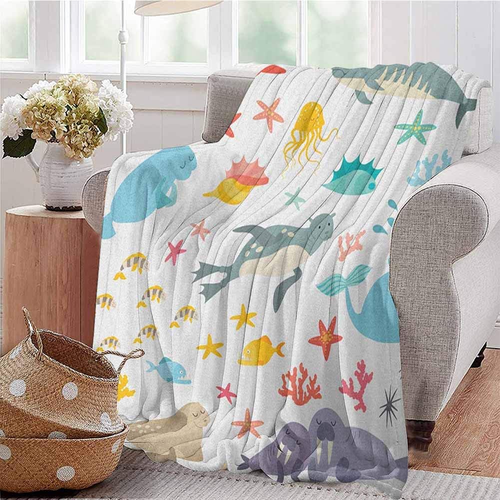 Ocean Comfortable Large Blanket Whale Squid Sea Lion Shark Jellyfish Clownfish Dolphin Starfish Stingrays Colorful Microfiber Blanket Bed Sofa or Travel W70 x L70 Inch Multicolor