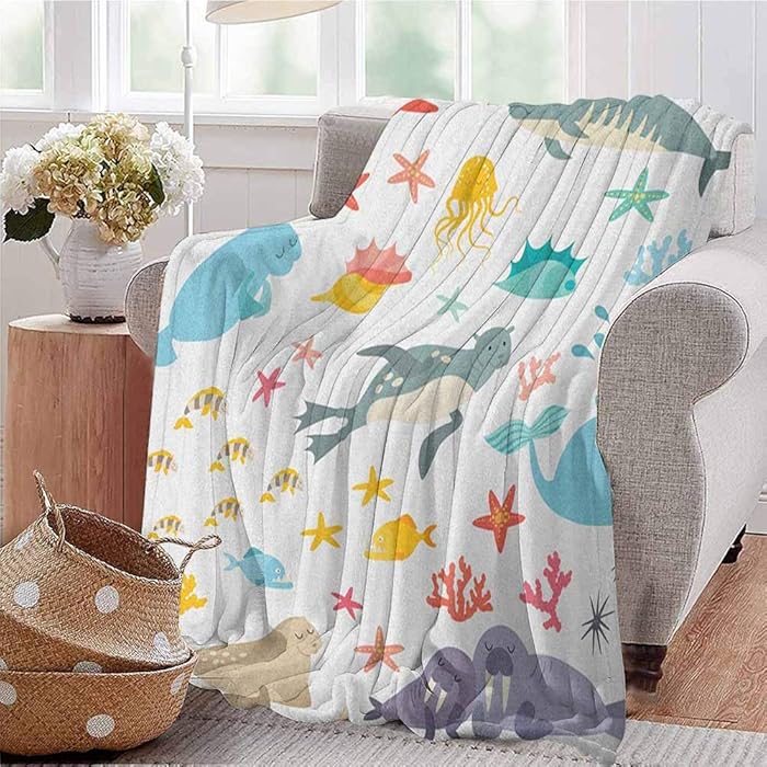 Ocean Comfortable Large Blanket Whale Squid Sea Lion Shark Jellyfish Clownfish Dolphin Starfish Stingrays Colorful Microfiber Blanket Bed Sofa or Travel W70 x L70 Inch Multicolor