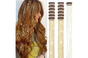 UBELECO Gold Hair Tinsel Packs of 12Pcs Clip in Hair Tinsel Kit 20.5 inch Fairy Hair Tinsel Heat Resistant for Women Girls Glitter Hair Extensions for Christmas New Year Halloween Cosplay Party (Golden)