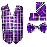 Oliver George Men's 4pc Plaid Design Formal Waistcoat Tuxedo Dress Vest NeckTie Bowtie Handkerchief Set For Suit or Tuxedo