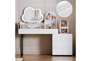 YYJ Makeup Vanity Table with Lighted Mirror,Power Strip Charging Station, Vanity Desk with Storage Shelves,3 Lighting Modes, Brightness Adjustable,Writing Desk with 5 Drawers White,Retractable Makeup