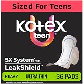 Kotex Ultra Thin Teen Pads, Wings, Heavy, 36 Count | Period Pad, 5x System with LeakShield Protection, Gravity Core, Up to 100% Leak Free Comfort, Made Without Fragrance