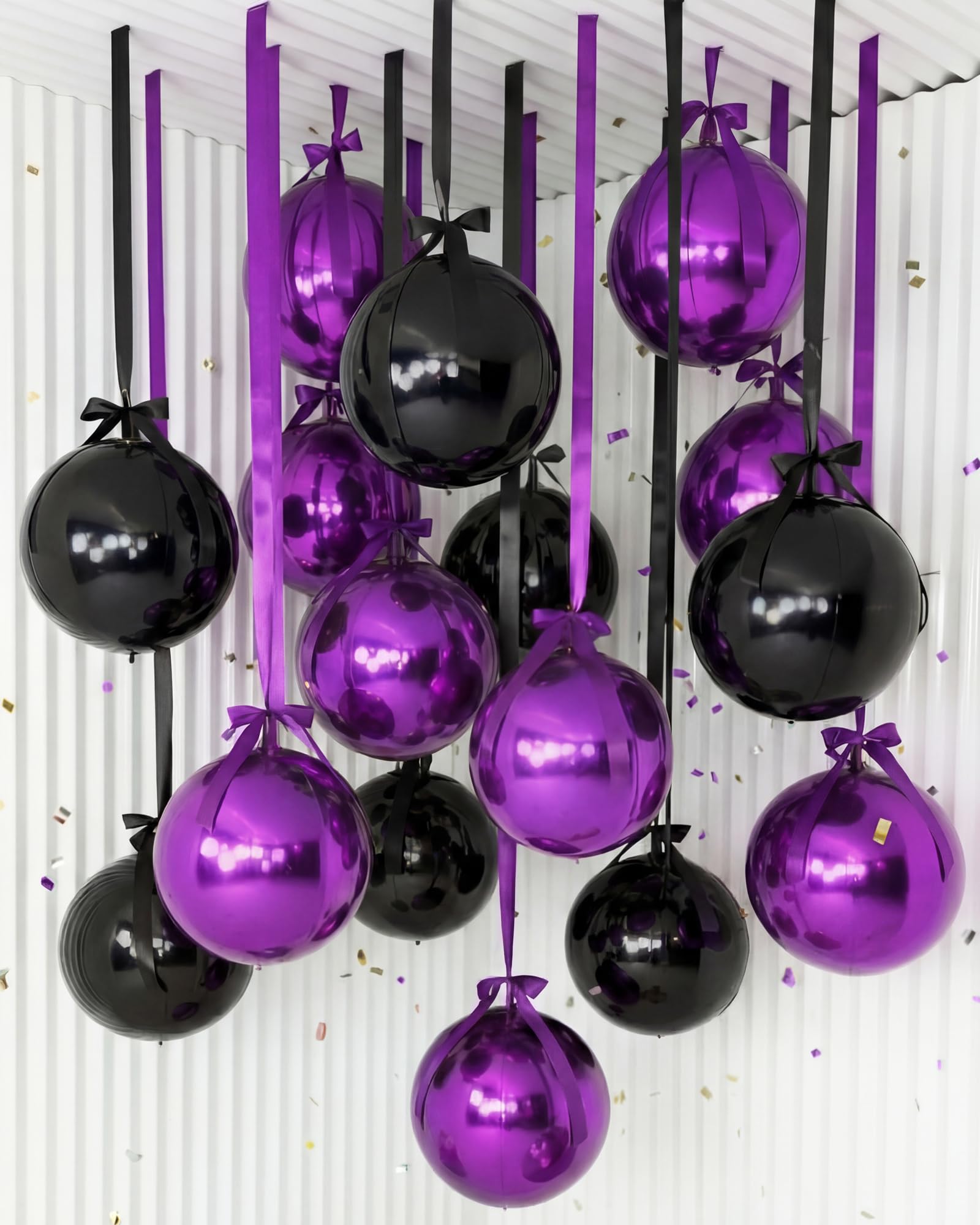 Jenaai 30 Set Black and Purple Foil Balloons Bulk 22 Inch 4d Metallic Graduation Giant Balloons Set with Satin Bows Ribbon for Ceiling Graduation Ornaments Party Decoration(Purple. Balck)