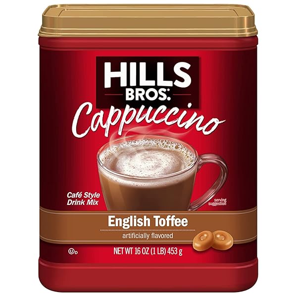 HILLS BROS. INSTANT CAPPUCCINO MIX, ENGLISH TOFFEE (16 OZ, PACK OF 1) – CONVENIENT AND VERSATILE, INSTANT HOT OR ICED COFFEE, FROTHY & RICH ENGLISH TOFFEE FLAVOR – JUST ADD WATER