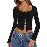 AIMCOO Women's Long Bell Sleeve Tops Tie Front Crop Top 2025 Sexy Y2K Sweetheart Neck Going Out T Shirts Tees