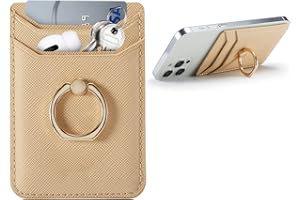 Crymow Credit Card Holder for Phone Case,RFID Sticky wallet Phone Case Stick on Most SmartPhone,Adhesive Wallet Attachment for Phone Case with Finger Ring Stand for iPhone&Galaxy,Vegan Leather-Golden