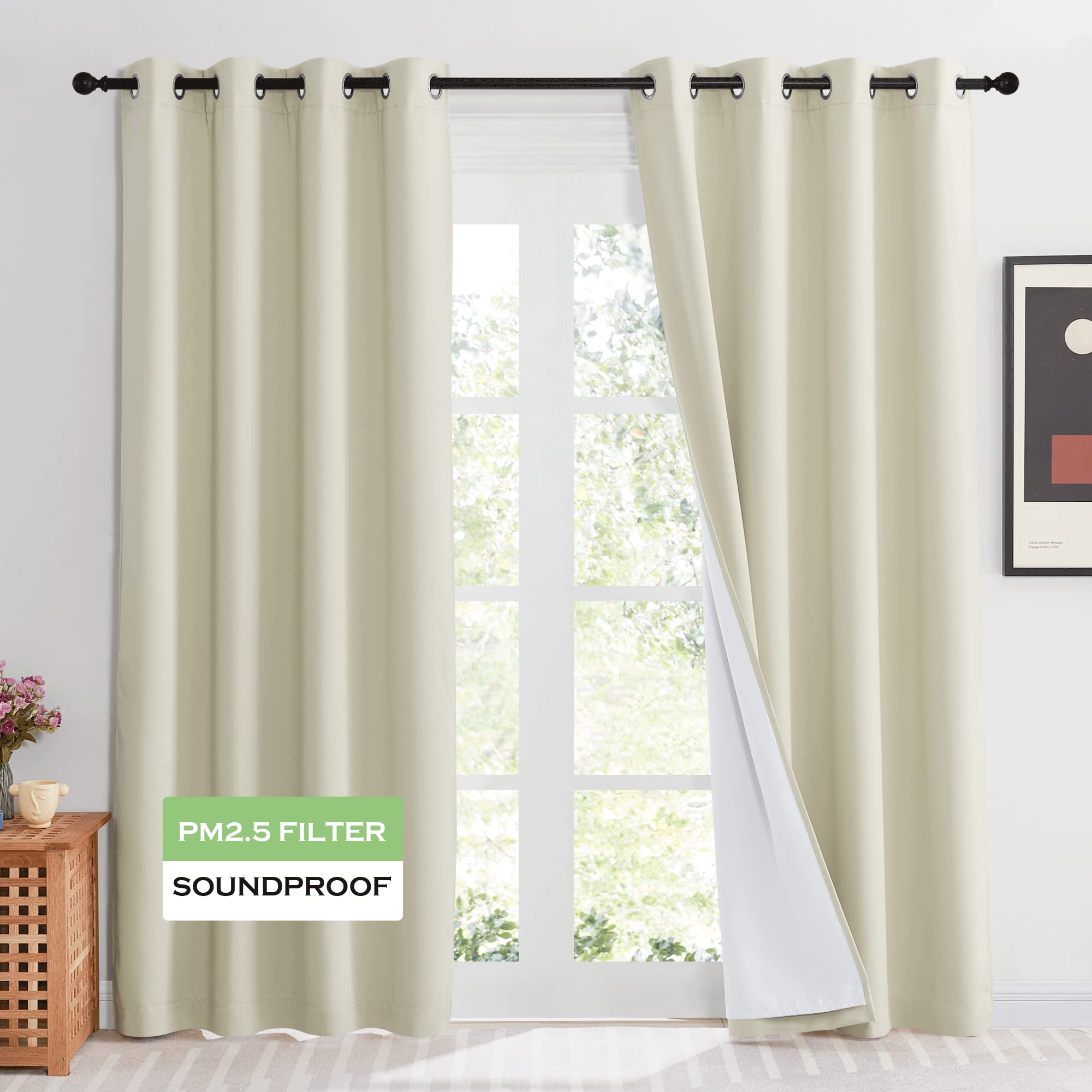 Photo 1 of KGORGE 4-in-1 Soundproof Anti Dust 100% Blackout Curtains with Melt-Blown Layer Thermal Insulating Window Treatment Drapes for Living Room Bedroom Kis Nursery, W 52 x L 84, Cream Beige, 2 Panels