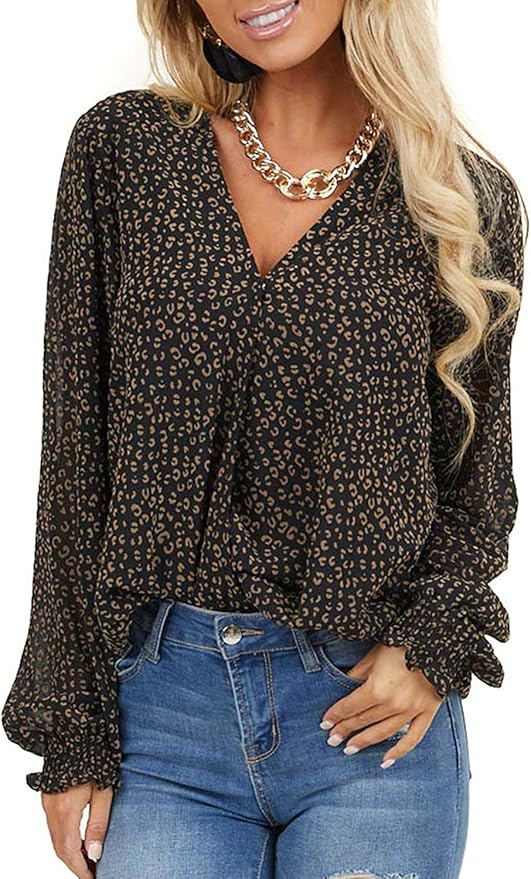 Buy Womens V neck Printed Long Sleeve Flowy Shirt Chiffon Casual Top