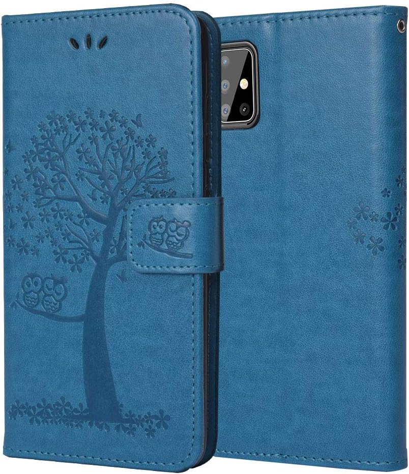 Mixpring Compatible with Samsung Galaxy A51 Case, Flip Case Shockproof Soft PU Leather Tree Embossed with Kickstand Magnetic Card Holder Wallet Phone Case for Samsung A51-Blue