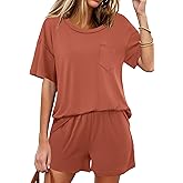 Ekouaer Women's 2 Piece Pajama Sets Short Sleeve Lounge Sets Soft Round Neck Top and Shorts Sleepwear