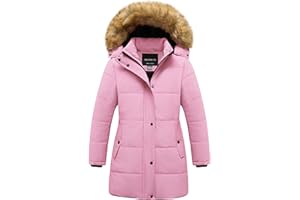 CREATMO US Girl's Winter Fleece Lined Long Parka Puffer Coat Thicken Ski Jacket With Fur Trim Hood