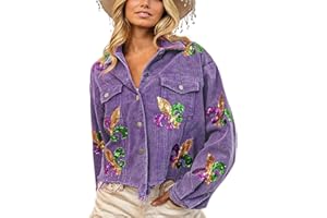 happlan Women's Sequin Embroidery Cropped Frayed Hem Vintage Washed Corduroy Jacket Coat Shacket for Women