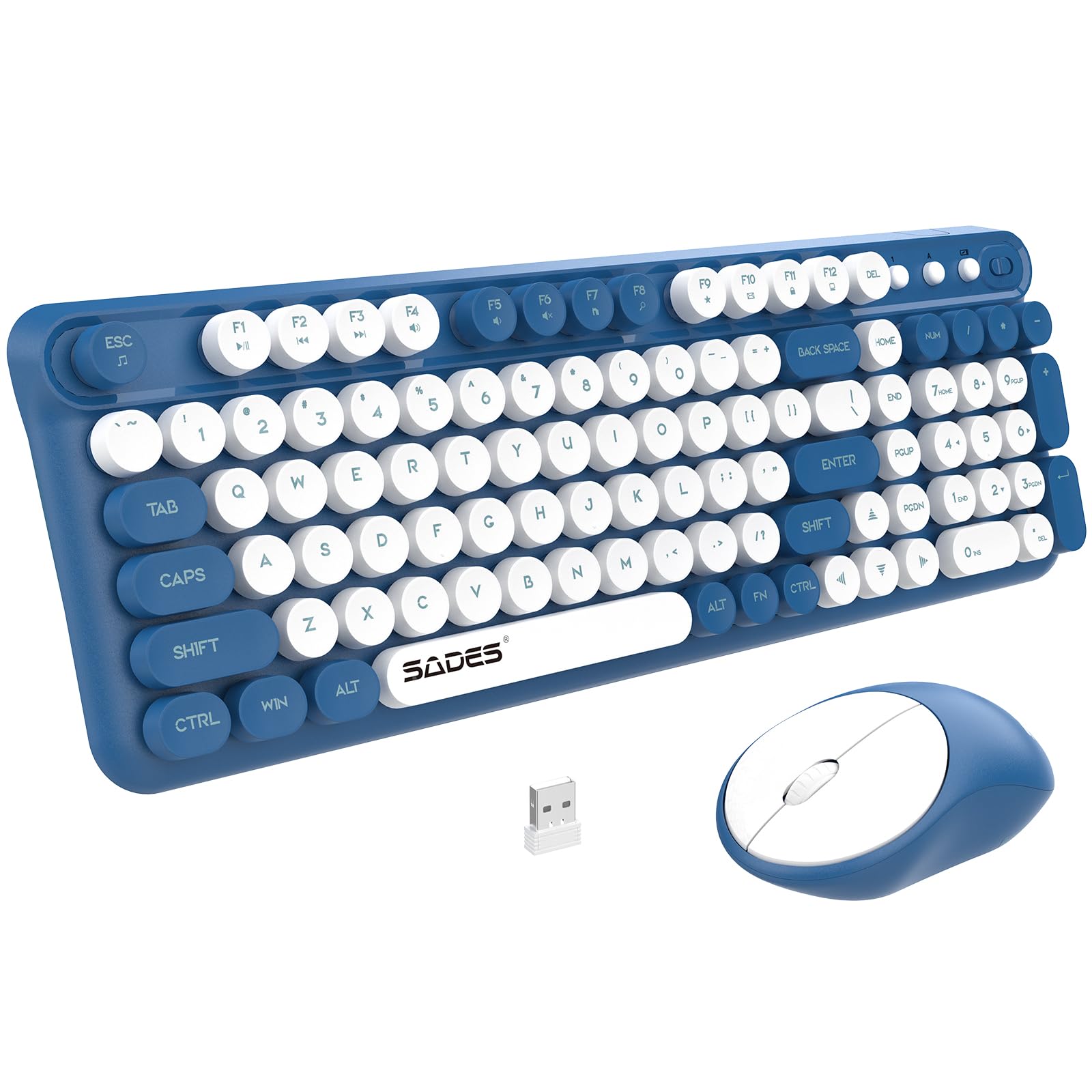 Photo 1 of Wireless Keyboard and Mouse Combo,Retro Typewrite Keyboard and Mouse with Round Keypads,Hand-Friendly Keyboard and Mouse Wireless for Windows Laptop PC,Home Office Keyboard, White Blue