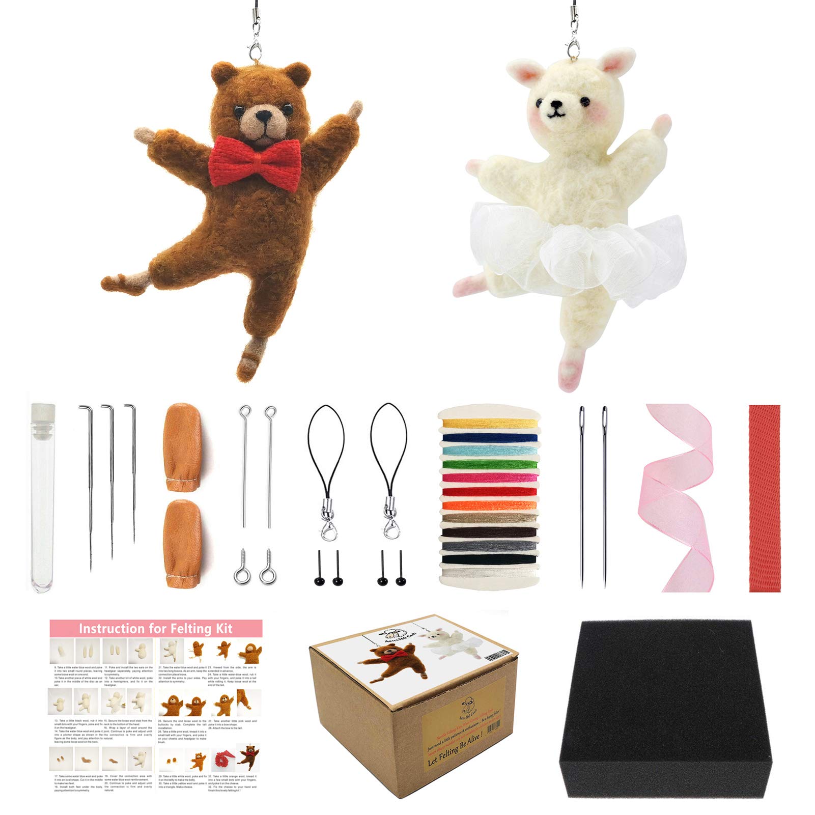 Feltsky 2 Pack Needle Felting Kits - Bear and Alpaca - Instruction, Include Everything to Make - Color Box for Grandma, Mom, Kid