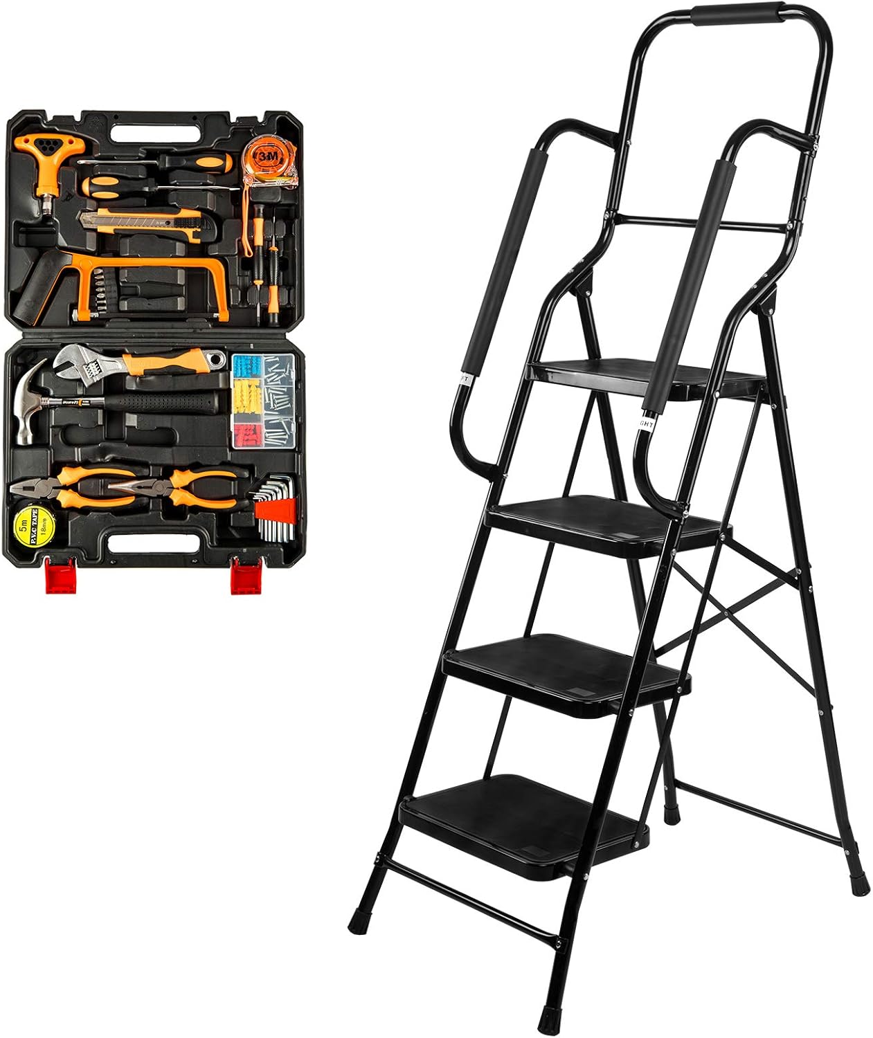 Step Ladders, Folding 4 Step Stool with Safety Rails Portable Heavy Duty 330 lb Load Capacity for Home Household Kitchen Office Garden,Black: Kitchen & Dining