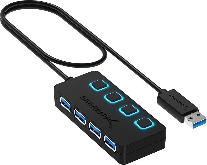 Sabrent USB Hub 4 Port 3.2 Splitter 5Gbps Speed LED Switches 68cm Cable Portable
