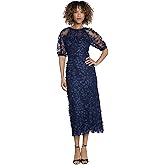 Maggy London Womens Elegant Illusion Neck Elbow Sleeves Midi Dress for Women | Cocktail Dresses for Women