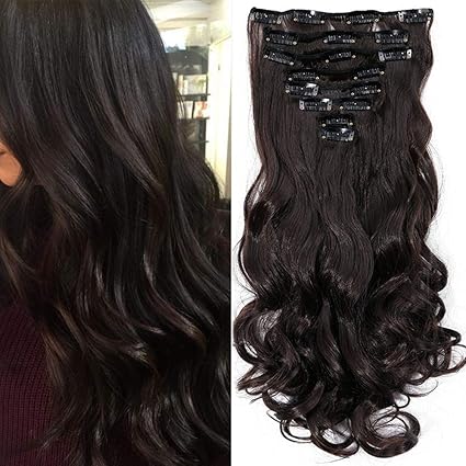 Extension Clip Capelli Marrone Scuro Sintetici Mossi Lunghi 24 Pollici 60cm Full Head Hair Extension 8 Ciocche