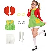 Cuzeolin La Chilindrina Costume Dress for Women Green Dress Red Knit Cardigan Shorts Glasses Halloween Cosplay Outfit