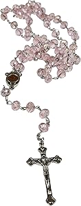LION OF JUDAH MARKET Catholic Light Pink 10mm Crystal Beads Rosary Holy Soil Medal & Silver Crucifix