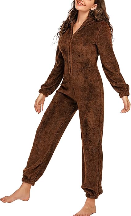 Shownicer Jumpsuit Damen – Kuscheliger Schlafanzug Onesie Mit Kapuze, Reißverschluss & Taschen