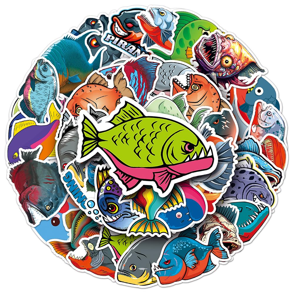 Bold Piranha Vinyl Stickers, 50 PCS Waterproof Illustrated Fish Decals for Laptops, Scrapbooking, Journals, Notebooks, Water Bottles, Suitcases, Phones & DIY Decor