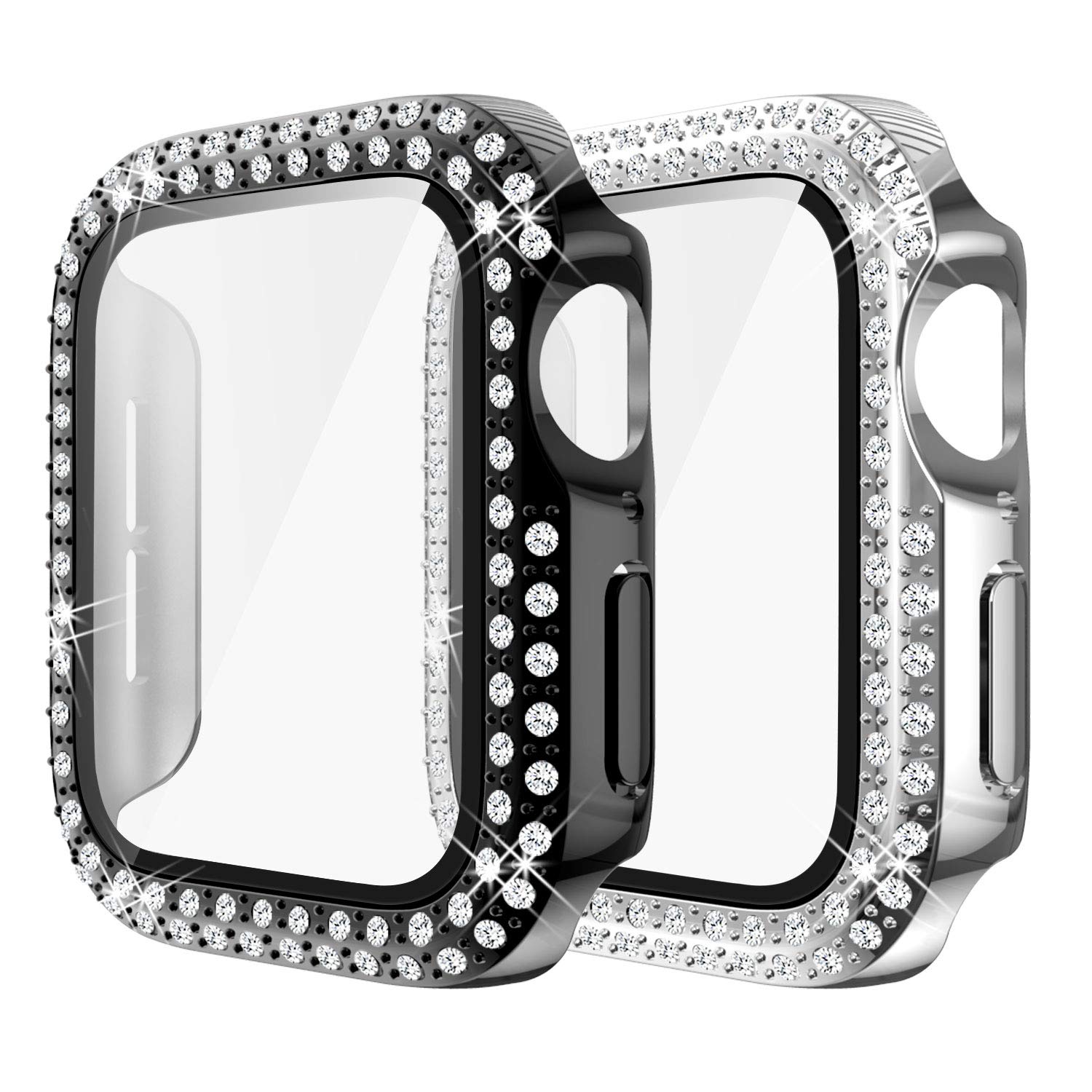 Yolovie (2-Pack) Compatible for Apple Watch Series 7 45mm Case with Screen Protector, Bling Cover Diamonds Rhinestone Bumper Protective Frame for iWatch Girl Women (Black/Silver)