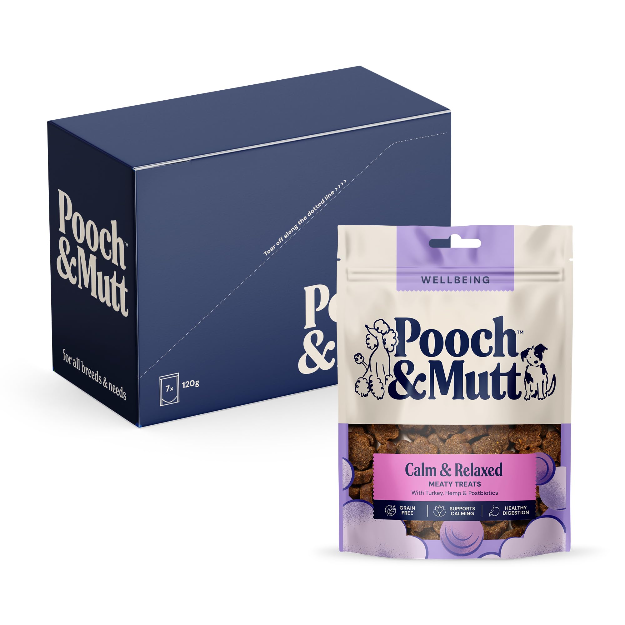 Pooch & Mutt - Calming Meaty Treats, Dog Treats Grain Free, for Calming Hyperactive or Anxious Dogs, Turkey & Hemp, Pack of 7x120g (packaging may vary)